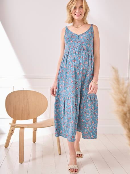 Strappy Dress in Printed Cotton Gauze, Maternity & Nursing Special petrol blue 