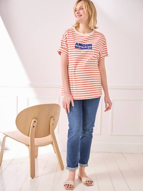 Striped T-Shirt with Message, in Organic Cotton, for Maternity ecru+fir green 