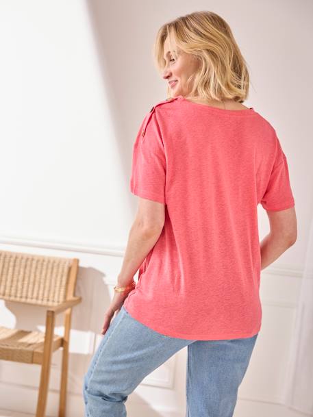 V-Neckline T-Shirt in Linen & Viscose, for Maternity ecru+rose 