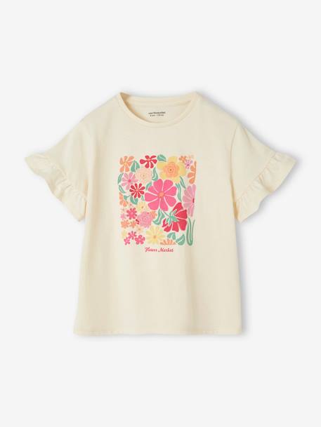 T-Shirt with Fancy Crochet Flowers, Ruffled Sleeves, for Girls ecru 