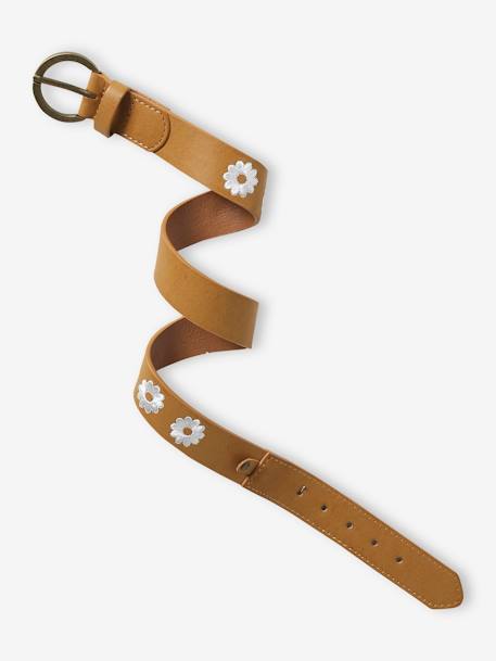 Leather-Effect Belt with Embroidered Flowers for Girls dark brown 