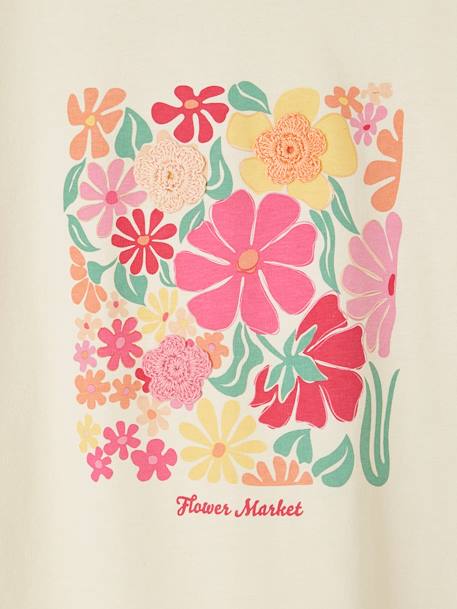 T-Shirt with Fancy Crochet Flowers, Ruffled Sleeves, for Girls ecru 