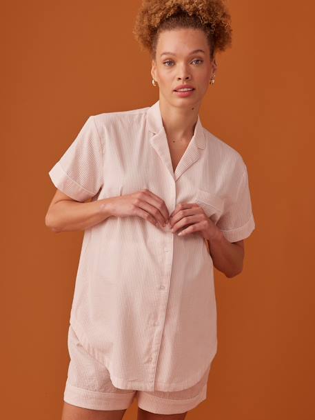 Striped Short Pyjamas in Seersucker for Maternity, by ENVIE DE FRAISE rosy 