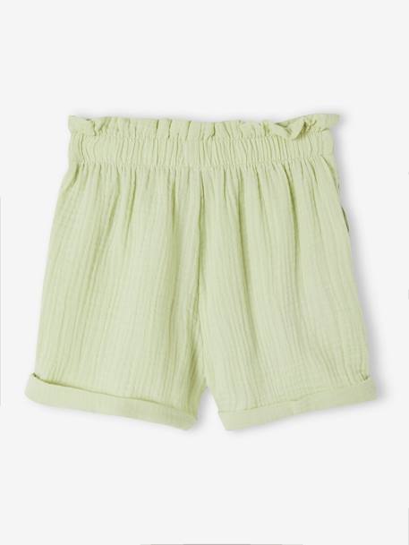 Paperbag Shorts in Cotton Gauze for Girls almond green+coral+pale blue+pale yellow+vanilla 