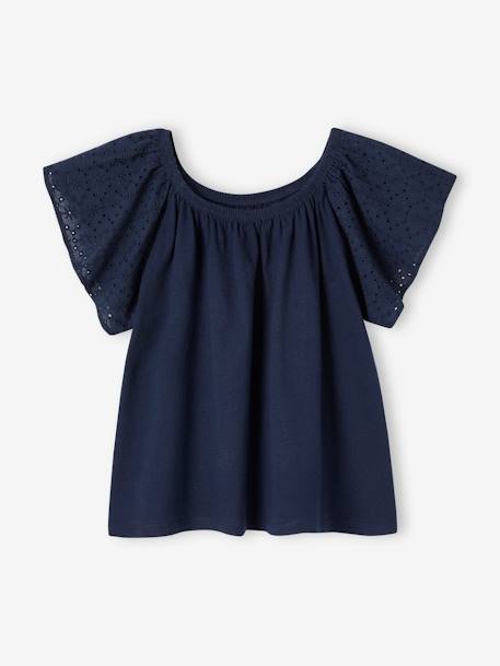 T-Shirt with Sleeves in Broderie Anglaise for Girls ecru+navy blue 