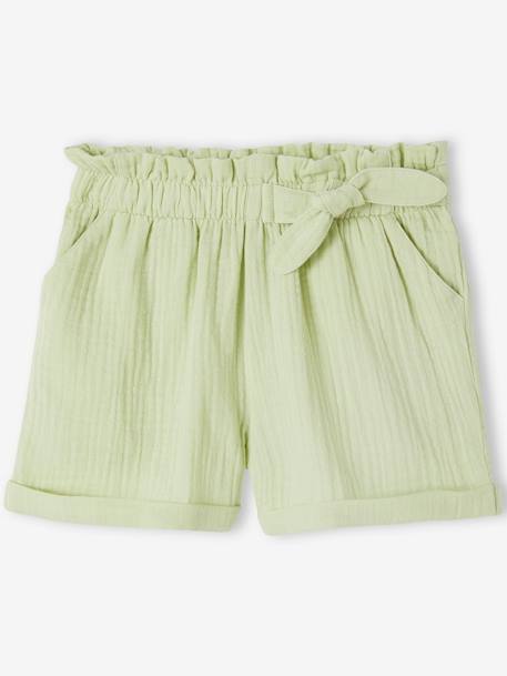 Paperbag Shorts in Cotton Gauze for Girls almond green+coral+pale blue+PINK LIGHT SOLID+vanilla 