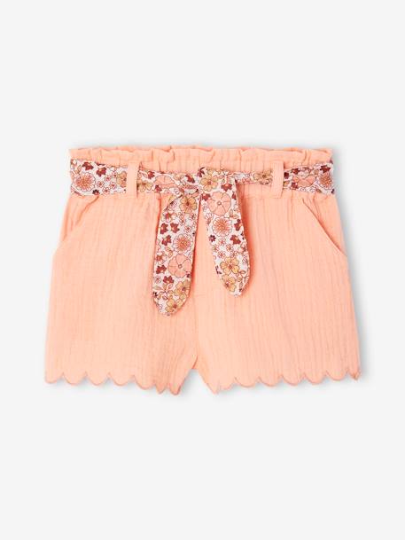 Cotton Gauze Shorts with Floral Belt for Babies apricot+ecru 