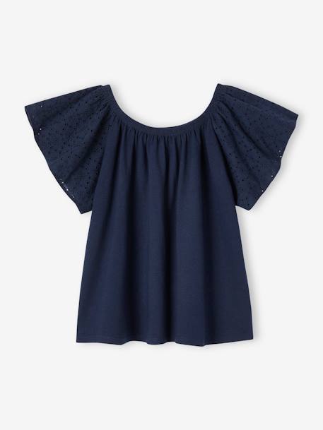T-Shirt with Sleeves in Broderie Anglaise for Girls ecru+navy blue 