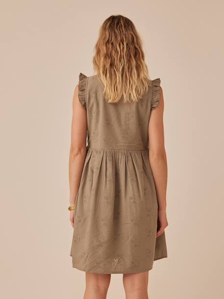 Short Dress with Ruffled Sleeves in Broderie Anglaise for Maternity, by ENVIE DE FRAISE khaki 