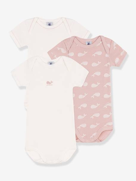Pack of 3 Short Sleeve Organic Cotton Bodysuits, Whales by Petit Bateau pale pink 