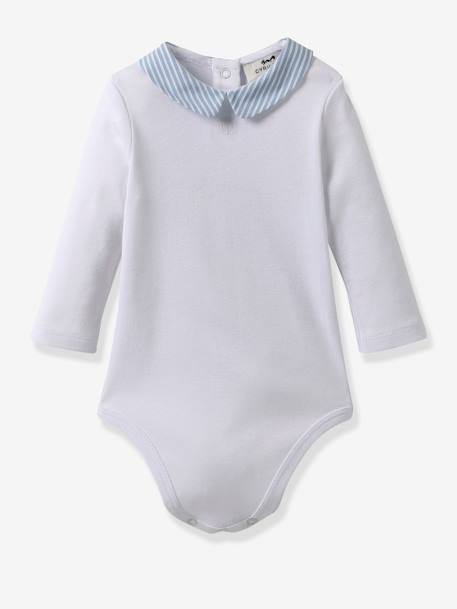 Bodysuit in Organic Cotton, Striped Collar, for Babies, by CYRILLUS striped blue 