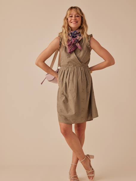 Short Dress with Ruffled Sleeves in Broderie Anglaise for Maternity, by ENVIE DE FRAISE khaki 