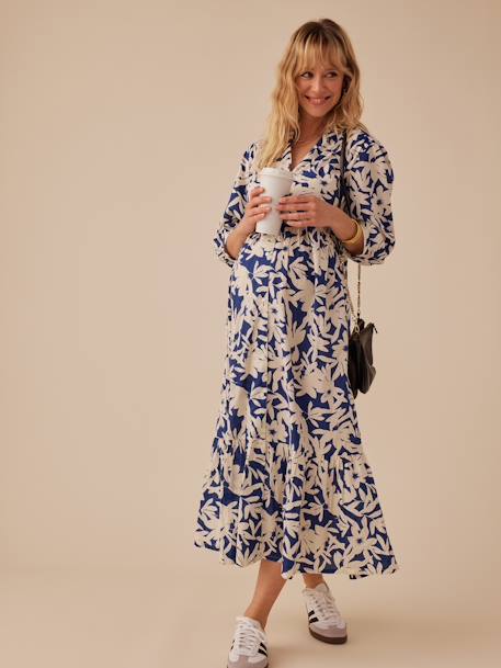 Long Bohemian-Style Dress with Buttons, for Maternity, by ENVIE DE FRAISE pomegranate+royal blue 