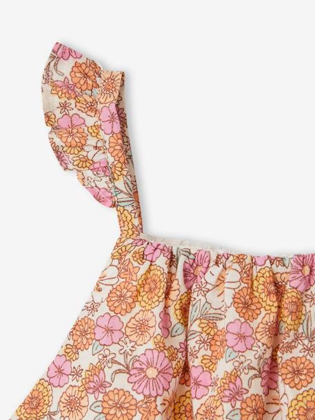Cropped Blouse with Floral Print, Ruffles on the Straps, for Girls rosy apricot 