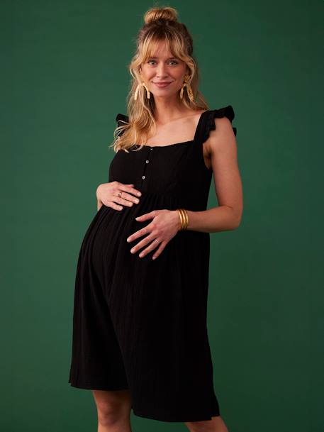 Strappy Dress with Ruffles for Maternity in Cotton Gauze, by ENVIE DE FRAISE black+rosy 