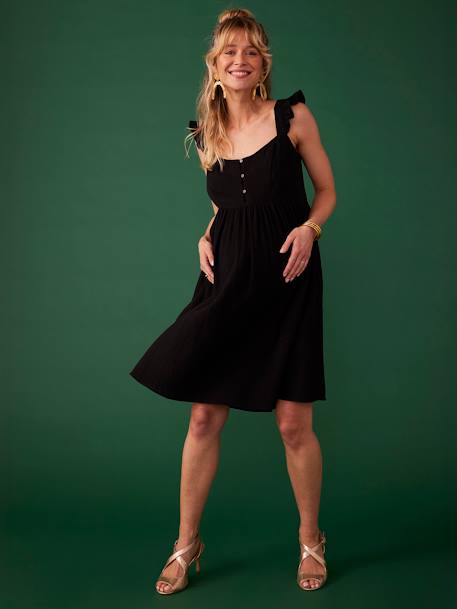 Strappy Dress with Ruffles for Maternity in Cotton Gauze, by ENVIE DE FRAISE black+rosy 