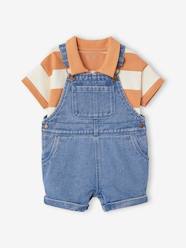 -Denim Dungaree Shorts & Striped Polo Shirt Combo for Babies