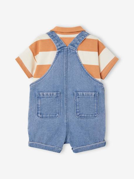 Denim Dungaree Shorts & Striped Polo Shirt Combo for Babies peach 