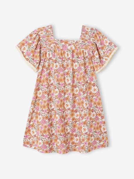 Floral Dress with Butterfly Sleeves for Girls rosy apricot 