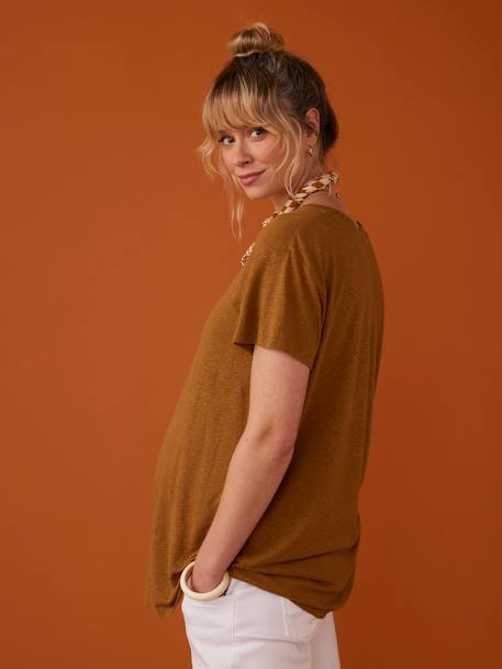 Linen T-Shirt for Maternity, V-Neck, by ENVIE DE FRAISE bronze 