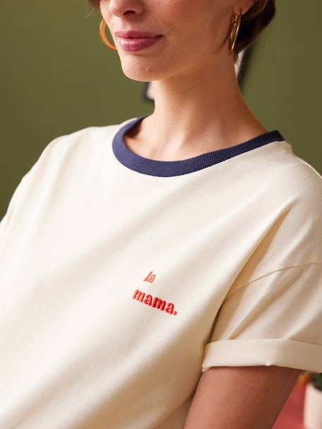 Organic Cotton T-Shirt with 'la Mama' Embroidery for Maternity, by ENVIE DE FRAISE ecru 