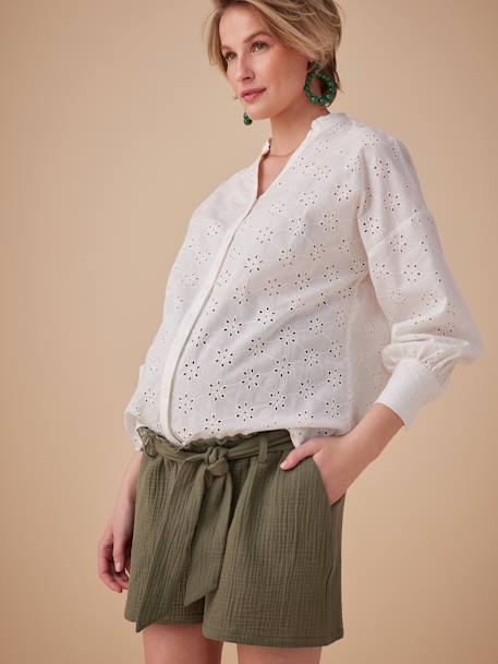 Paperbag-Effect Cotton Gauze Shorts for Maternity, ENVIE DE FRAISE olive 