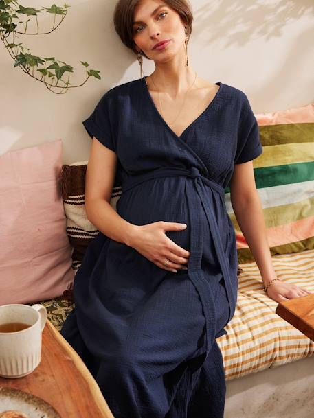 Long Dress for Maternity in Cotton Gauze, by ENVIE DE FRAISE navy blue 