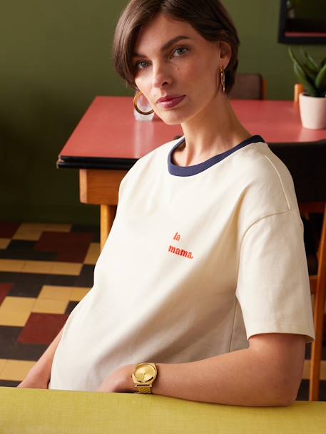 Organic Cotton T-Shirt with 'la Mama' Embroidery for Maternity, by ENVIE DE FRAISE ecru 