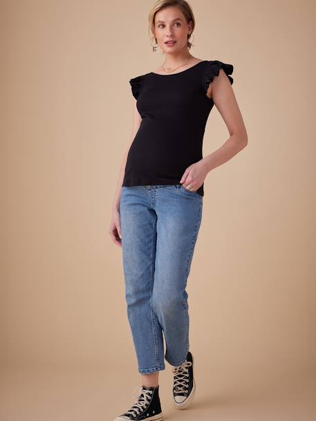 Short Sleeve Rib Knit T-Shirt with Ruffle for Maternity by ENVIE DE FRAISE black+khaki 