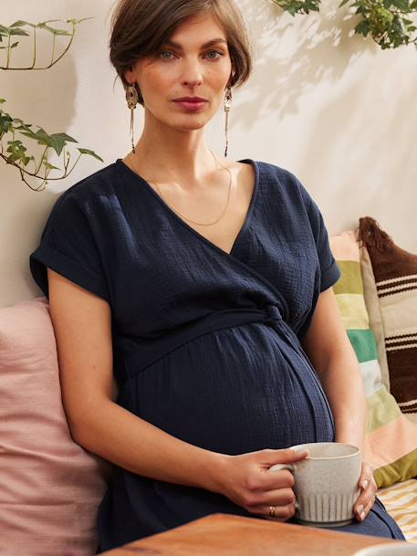 Long Dress for Maternity in Cotton Gauze, by ENVIE DE FRAISE navy blue+terracotta 