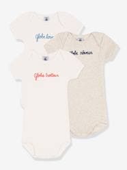 Baby-Bodysuits & Sleepsuits-Pack of 3 Short Sleeve Cotton Bodysuits with Message, by PETIT BATEAU