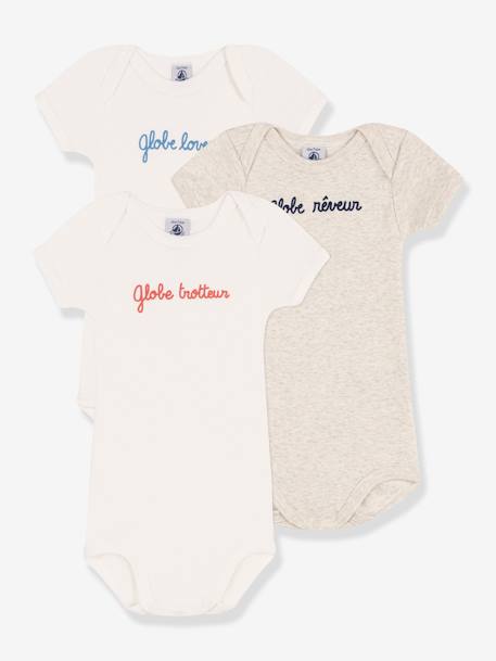 Pack of 3 Short Sleeve Cotton Bodysuits with Message, by PETIT BATEAU white 