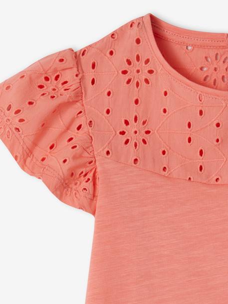 T-Shirt for Girls, with Broderie Anglaise and Ruffled Sleeves BLUE MEDIUM SOLID+coral+fuchsia+Light Green+mauve+White 
