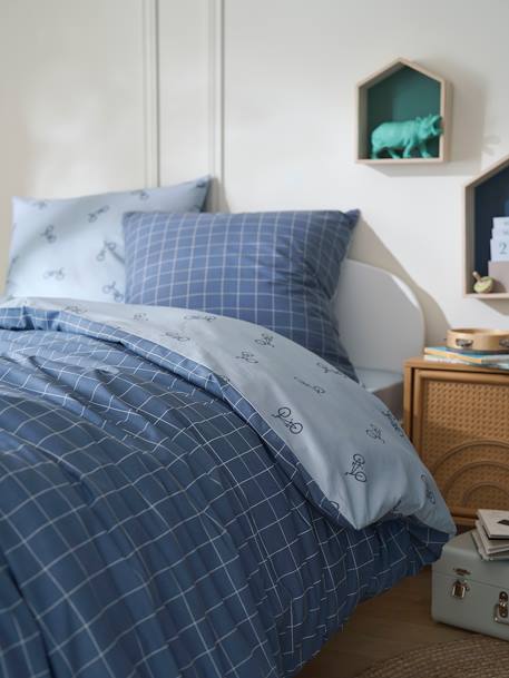 Reversible Duvet Cover + Pillowcase Essentials Set in Recycled Cotton, Checks & Bikes printed blue 