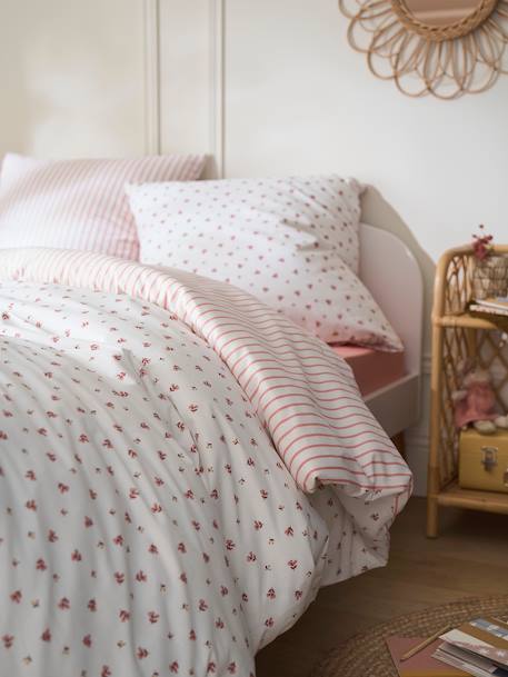 Reversible Duvet Cover + Pillowcase Essentials Set in Recycled Cotton, Flowers & Stripes printed pink 