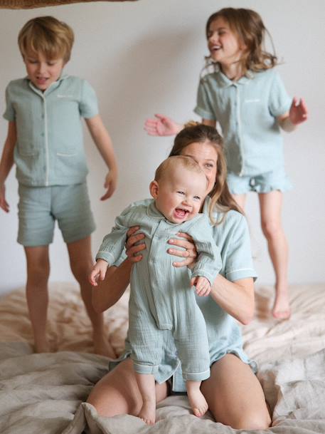 Cotton Gauze Sleepsuit for Babies, Team Famille sage green 