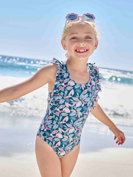 Swimsuit with Tropical Print for Girls fir green 