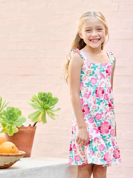 Dress with Frilly Straps & Smocking for Girls multicoloured 