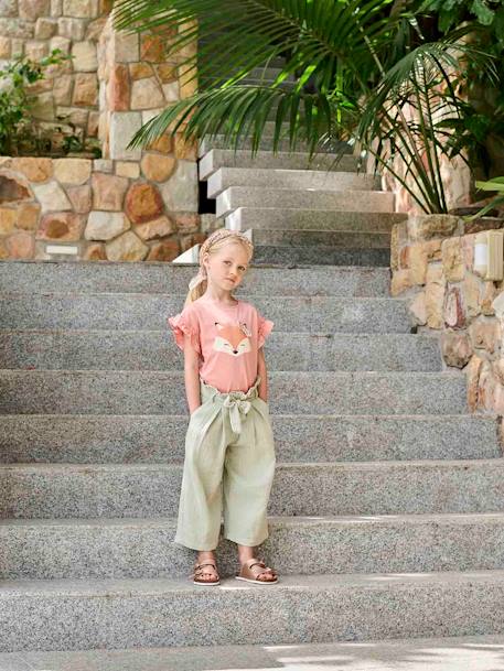 Cropped, Wide Leg Paperbag Trousers in Cotton Gauze for Girls ecru+sage green 