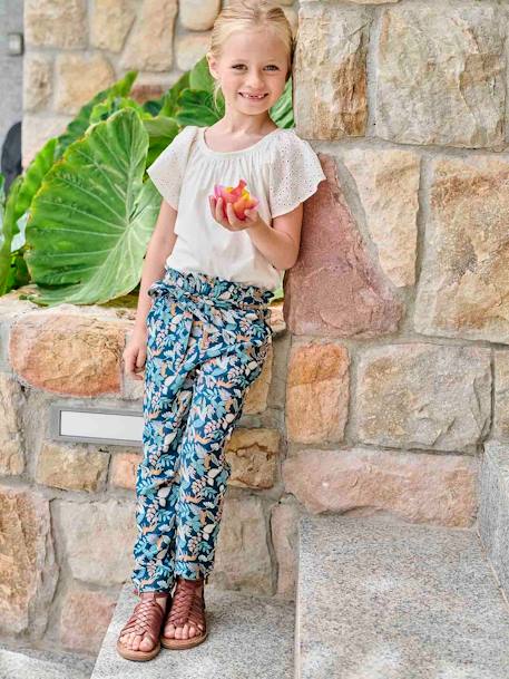 Fluid Cropped Trousers with Floral Print, for Girls ecru+green+rose 