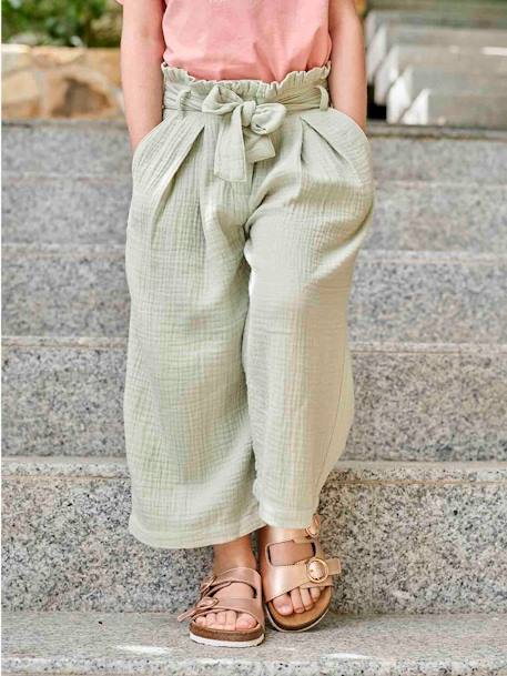 Cropped, Wide Leg Paperbag Trousers in Cotton Gauze for Girls ecru+sage green 