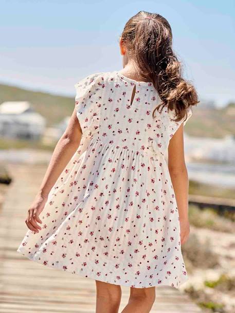 Floral Dress in Jersey Knit with Relief, for Girls ecru+sweet pink+tangerine 