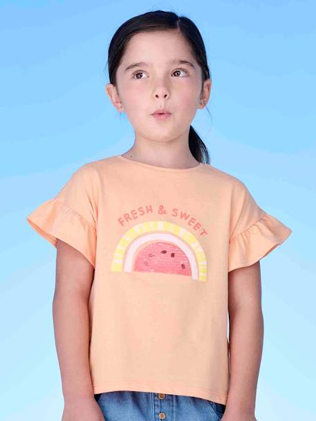 T-Shirt with Sequinned Motif for Girls ecru+strawberry+tangerine 