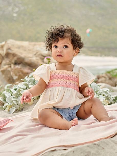 Cotton Gauze Blouse with Crochet Neckline for Babies ecru 
