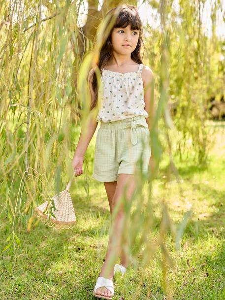 Paperbag Shorts in Cotton Gauze for Girls almond green+coral+pale blue+PINK LIGHT SOLID+vanilla 