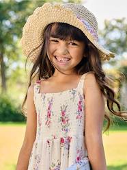 -Crochet-Effect Straw-Like Hat with Printed Ribbon for Girls