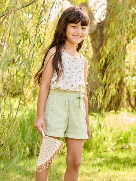 Strappy Blouse in Cotton Gauze, for Girls coral+ecru+fluorescent coral+printed white+sandy beige+WHITE LIGHT ALL OVER PRINTED 