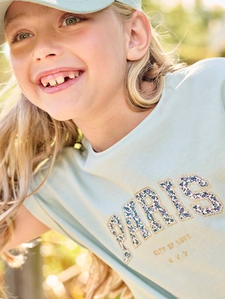 T-Shirt with Message in Flower Motifs for Girls ecru+navy blue+pale yellow+sky blue 