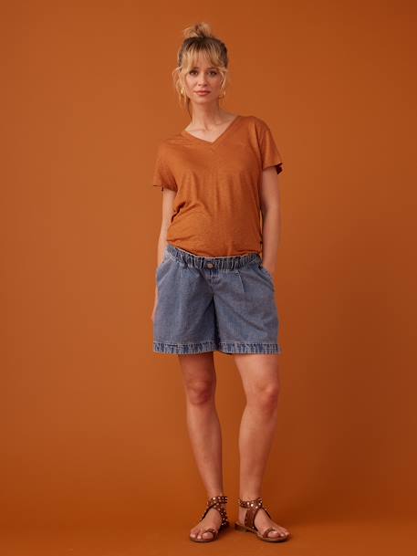 Iridescent Linen T-Shirt for Maternity, V-Neck, by ENVIE DE FRAISE caramel+ecru 