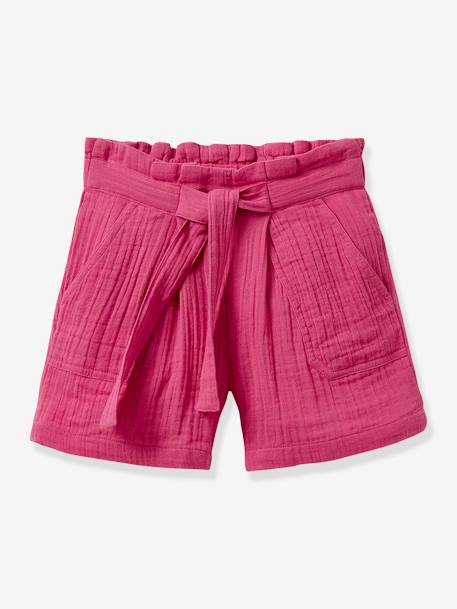 Shorts in Cotton Gauze for Girls, by CYRILLUS fir green+raspberry pink 